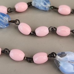 Vintage Art Deco Beaded Necklace Blue Givre Pink Milk Glass 59″ Long Flapper