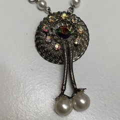 VINTAGE silver tone CRYSTAL AB rhinestone DROP NECKLACE chain SPARKLY Faux pearl