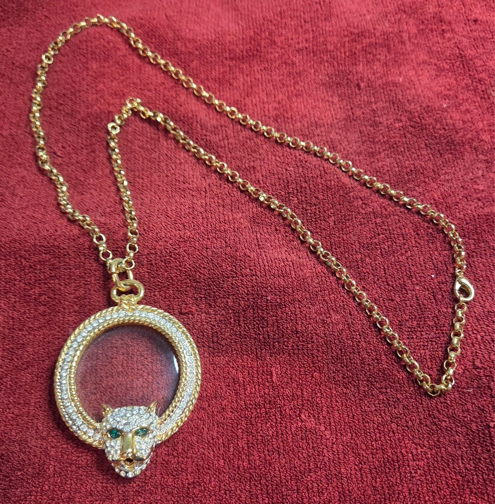 Vintage Jackie Collins Pave Panther Magnifying Glass Necklace Gold Tone, 30″