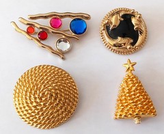 Vintage Brooch Lot of 4 Pins Chunky Gold Tone 1970-80’s