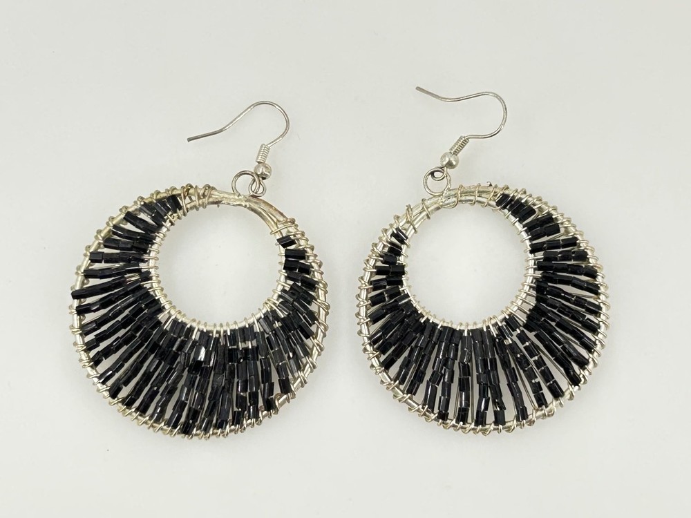 Vintage Wire Wrap Hoop Earrings Silver Tone Black Tube Beads Dangle