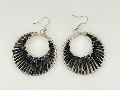 Vintage Wire Wrap Hoop Earrings Silver Tone Black Tube Beads Dangle