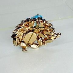Vintage Blue Aurora Borealis Rhinestone Brooch Pin Flowers Blue Stone