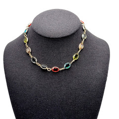 Choker Multicolor Crystal Station Gold Tone Patented Side Clasp Necklace 14.5 In