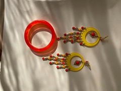 Vintage Thailand Boho Lucite Hoop Chandelier Earrings & Orange Resin Bangle Set