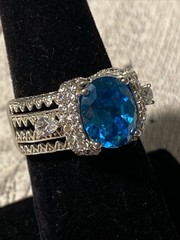 Sz 8 Cushion Cut 925 Ring Blue Topaz Color Stone Sterling Silver Filigree Signed
