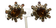 Vintage Coro Amber Rhinestone Aurora Borealis Accents Clip Hinge Earrings