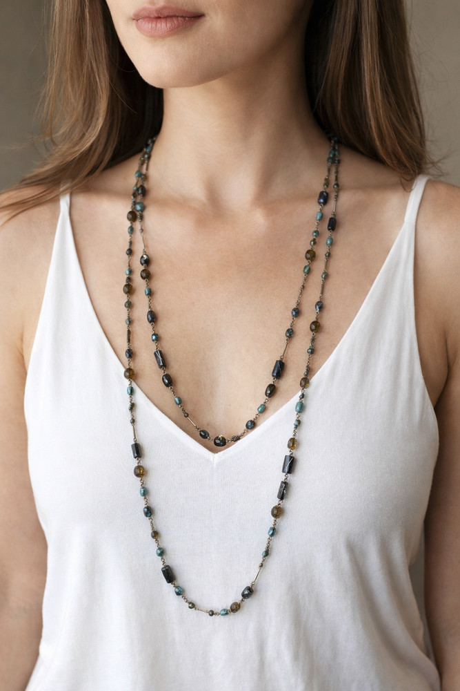 Vintage Blue, Green & Teal Glass 65″ Necklace Opera Length