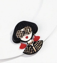 Resin Lady Brooch Black White Checkered Red Dangle Earrings Pin Vintage Style