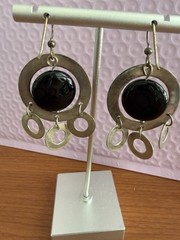 925 Sterling Silver Vintage Black Onyx Hammered Circles Dangle Earrings 2.25 in
