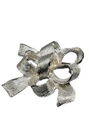 Tona Bow Brooch Rare Signed Textured Silver Tone Ribbon Polished Edges Vintage