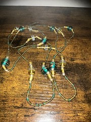 Vintage 56″ Teal & Amber Art Glass Lampwork Bead Long Strand Flapper Necklace