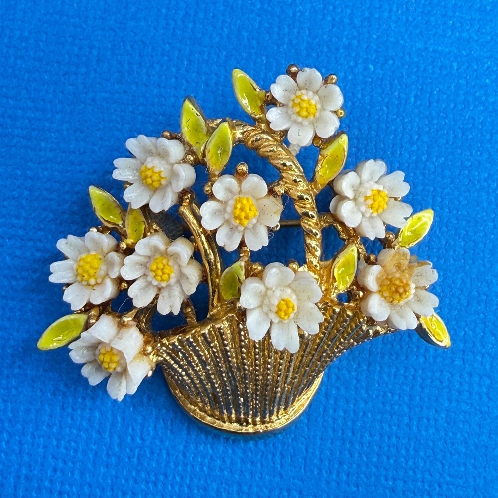 Arthur Pepper Flower Basket Brooch Enamel Gold Tone Floral Mid Mod MCM