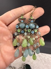 Green Necklace and Multiple Pair of Pierced Earrings 18”