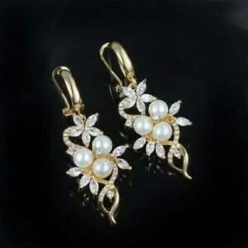 2Ct Round Cut Pearl Diamond Drop/Dangle Women’s Earrings 14k Yellow Gold Over