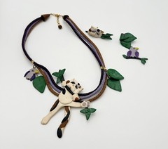 Vintage Cat Bird Polymer Clay Jewelry Set Necklace Brooch Clip Earrings 4 Pc