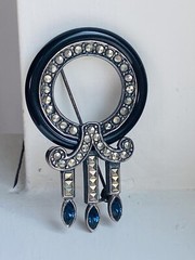 VINTAGE 925 STERLING SILVER ONYX SAPPHIRE MARCASITE ART DECO BROOCH PIN 11-GRAMS