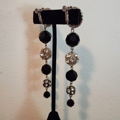 Vintage Signed Les Bernard Rhinestone & Faceted Black Dangle Ball Earrings 4″