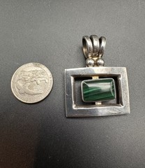Vintage TR-110 Mexico Sterling Silver Malachite Pendant Modernist Taxco Style