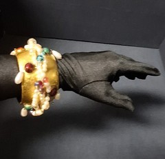 OOAK Vnt. 1980s-1990s “Ross Madole” Cuff Bracelet/Gold Leaf w Faux Pearls & Gems
