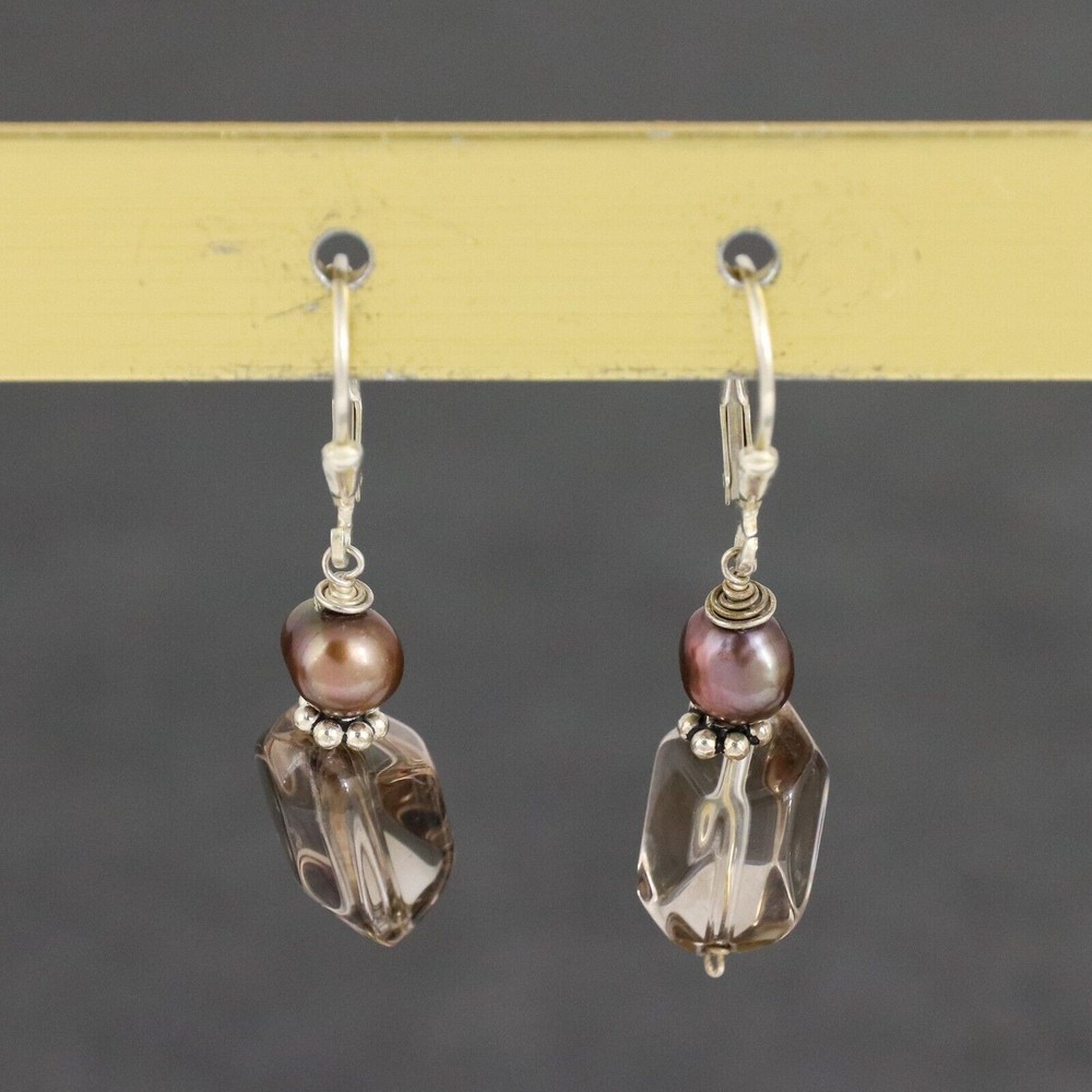 Smoky Quartz Pearl Dangle Latchback Earrings | Vintage Sterling Silver 925