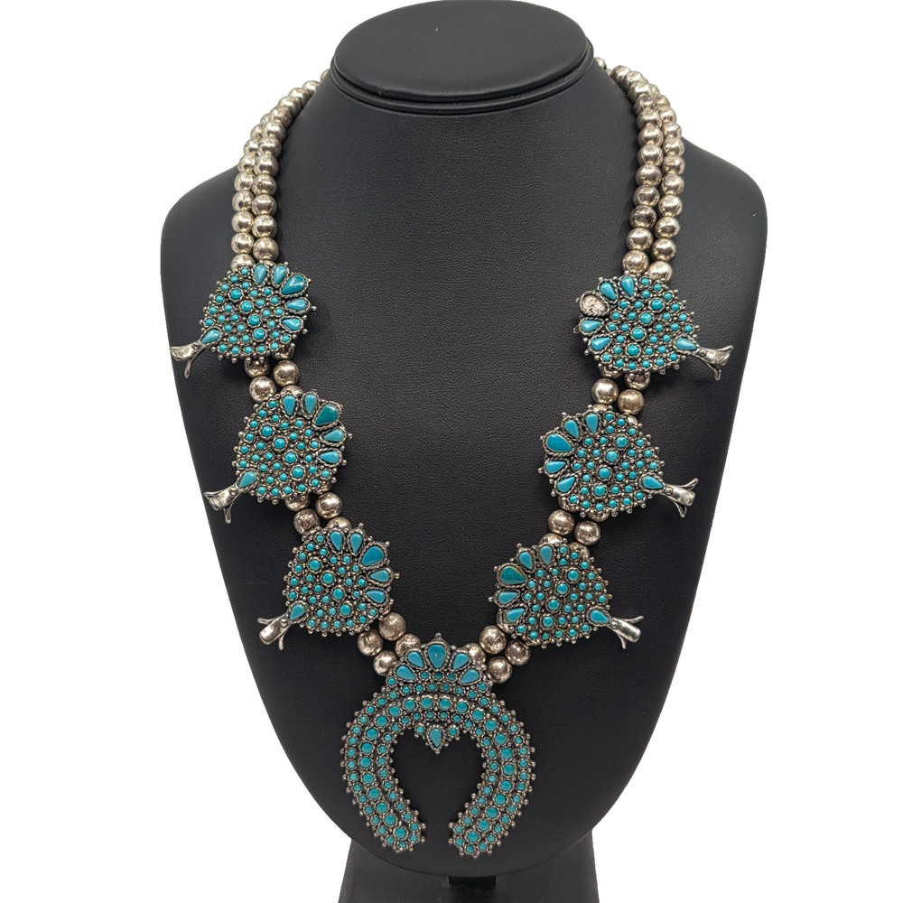 Sancrest Vintage Silver-Toned Double Strand Turquoise Squash Blossom Necklace