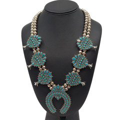 Sancrest Vintage Silver-Toned Double Strand Turquoise Squash Blossom Necklace