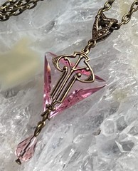 Vintage Necklace Art Nouveau Brass Pendant Antique Pink Czech Glass Drop