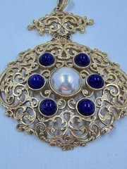Lucien Piccard Gold Plated Filigree Pendant Faux Pearl and Lapis Lazuli Cabochon