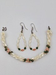 Vintage Mother of Pearl Rice Bead Braided Bracelet & Earrings Set Coral Jade…