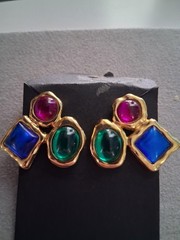 1980s bold runway earrings, glass cabochon trio, geometric, asymmetrical