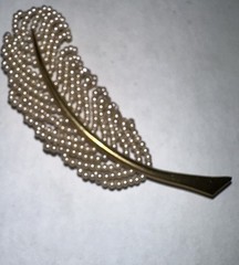 Gold Tone Feather Broach Ivory Seed Beads, 1950s Vintage Elegant Costume MCM