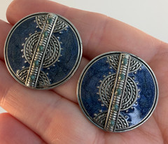 Vintage Signed Berebi Blue Enamel Button Post Earrings Blue Jean Boho Celestial