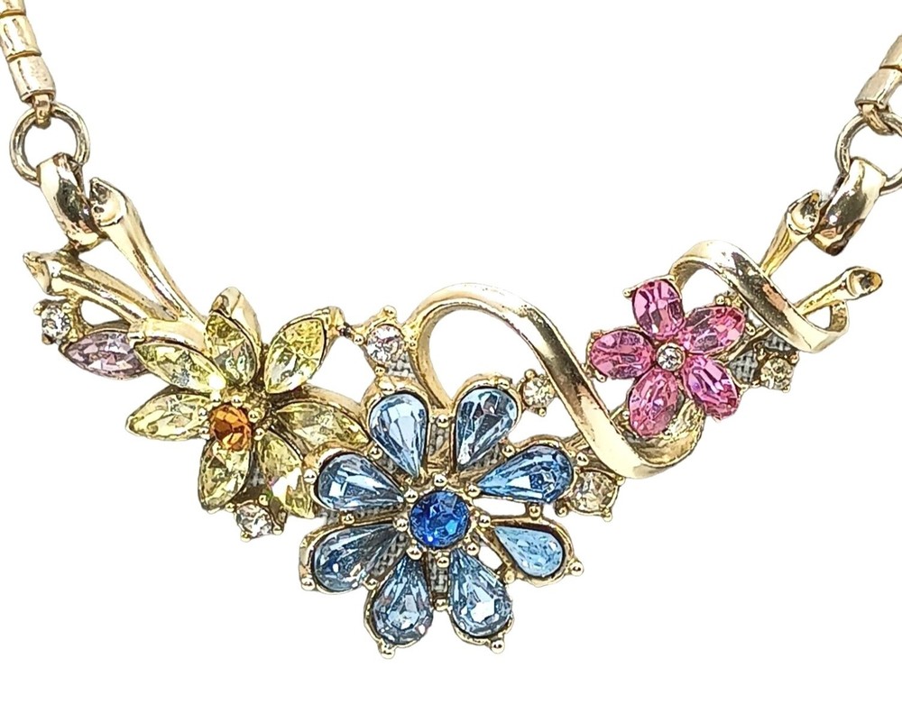 Vintage Corocraft Necklace Rhinestone Flowers Pastel Floral Signed Jewelry