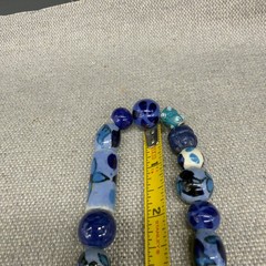 Vintage Artisan Necklace Ceramic Hand Painted Beads Blue White Floral 30 Inches