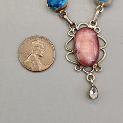 Vintage Glass Bead Necklace Blue Beads Pink Quartz Artisan Silver Tone 18.75″