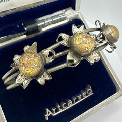 1940s vintage silver alloy floral art glass cabochons adjustable cuff bracelet