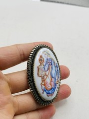 Vintage Silver Tone Russian Finift Hand Painted Porcelain The Snow Maiden Brooch