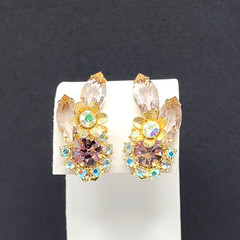 Glamorous AB Crystal Flower Floral Pale Rhinestone Climber Vtg Clip On Earrings