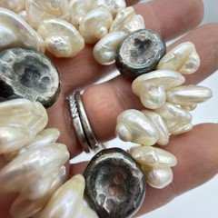 Vtg Baroque Pearl Bracelet Sterling Silver QVC Chunky Cluster Hammered Nuggets