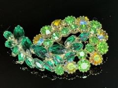 Vintage Brooch Green Marquise and Aurora Borealis Rhinestones AB Prong Set