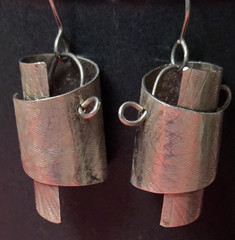 Sterling Silver Hammered Texture Dangle Earrings Cylindrical Unique 1 3/4″ ~ 10g