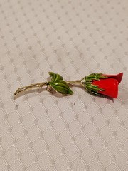 Vintage Enamel Red Rosebud Gold Stem Green Leaves Brooch Pin 3″ Long