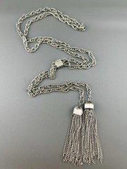 Vintage Tassel Necklace Rhinestone Bolo Style Silver Tone Chain 26”