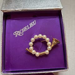 Vintage Richelieu Faux Pearl Brooch French Horn. New W/original packaging
