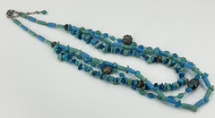 Natural Green Blue Stone Necklace Glass Triple Strand Silver Tone