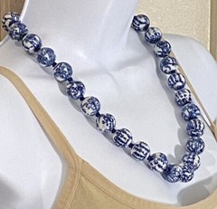 Vintage Chinese Export Blue White Large Porcelain Beaded Necklace Filigree Clasp
