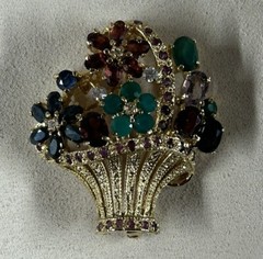 Gold Plated Multi Gem Flower Basket Brooch