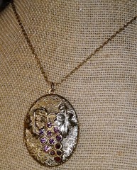 Vintage Art Nouveau Revival Grapes Locket Pendant Necklace Ormolu Rhinestones