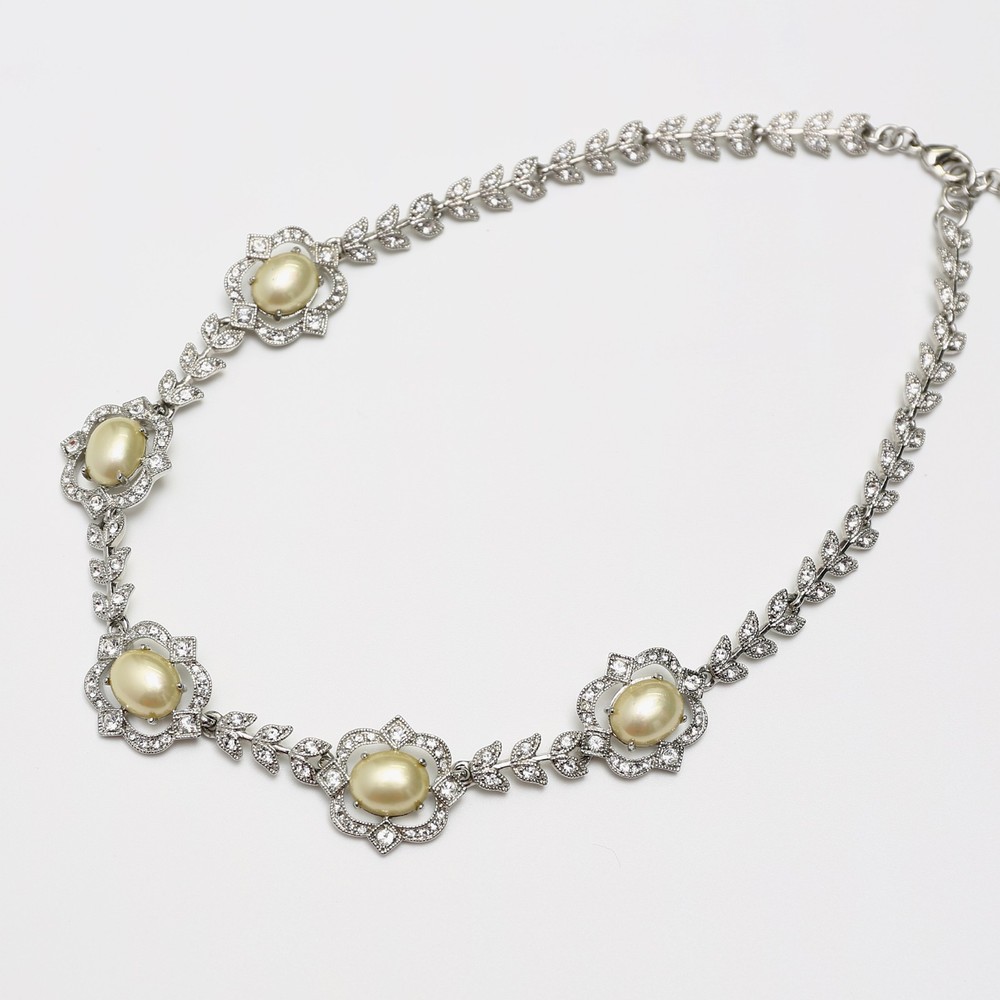 CAROLEE LUX Silver Tone Faux Pearl Rhinestone Floral Statement Necklace